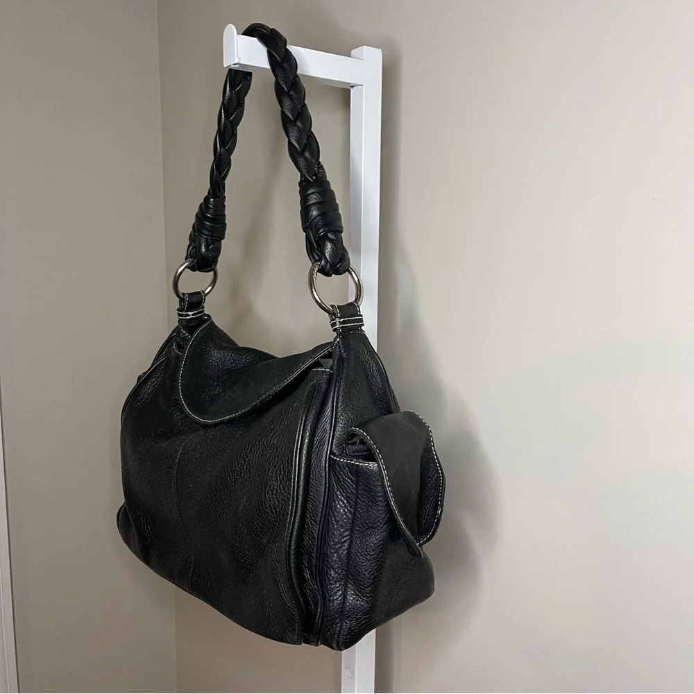 Lauren Ralph Lauren Black Leather Shoulder Bag Braided Strap Hobo Purse - Picture 2 of 7